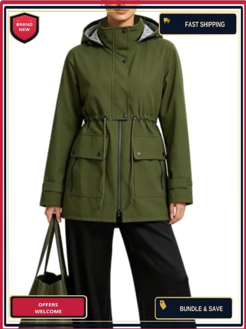 Women's Long Waterproof Rain Jacket Hooded Windbreaker Lightweight